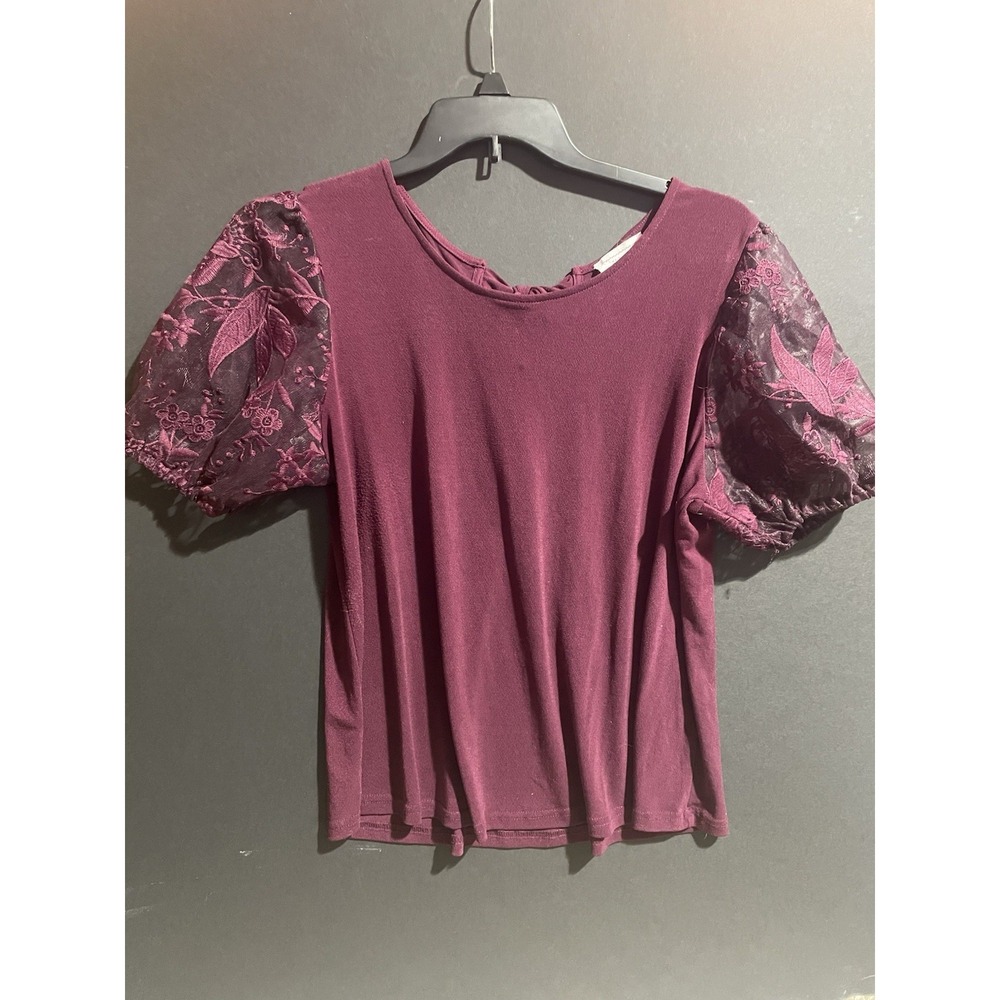 Flower and feather blouse Burgundy puffy Sheer lace sleeves XL